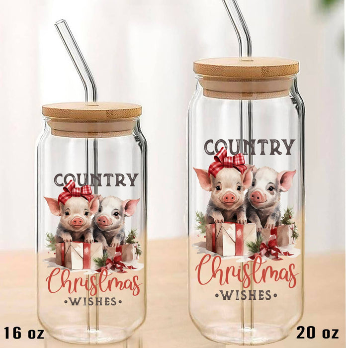 Country Christmas Wishes Piglets  Can Glass with Lid Straw