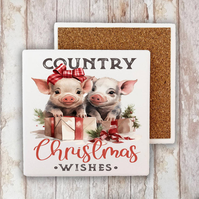 Country Christmas Wishes Piglets Stone Coaster
