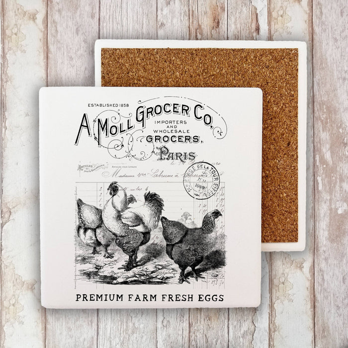 Vintage French Chickens Stone Coaster