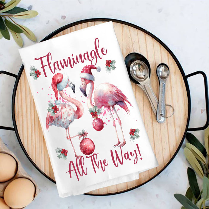 Christmas Flamingo Flaminagle all the way Tea Towel