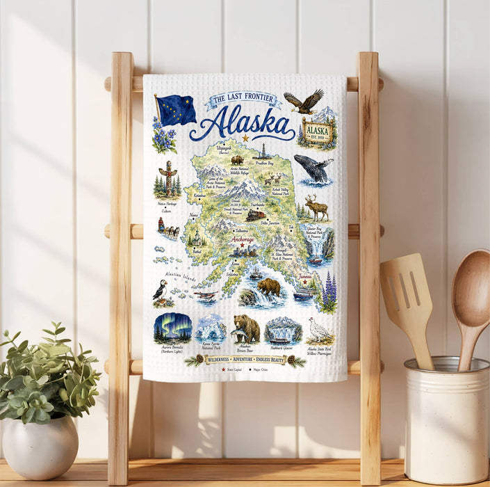 Alaska State Map Landmark Waffle Weave Towel