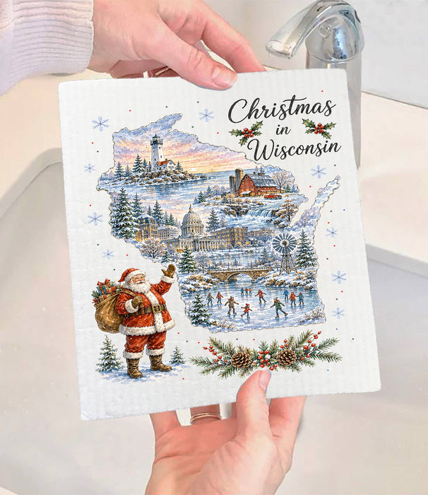 Christmas in Wisconsin State Map Swedish Dishcloth