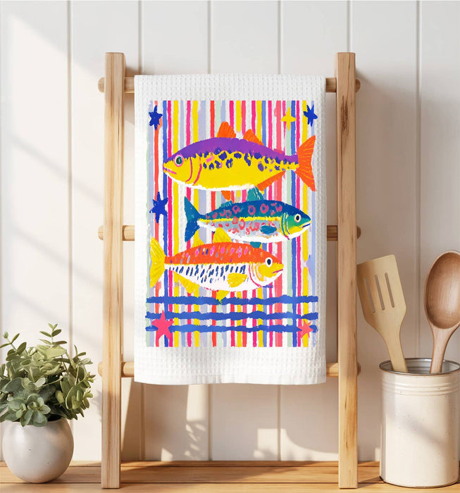 Coastal Colorful Fish Waffle Weave Towel