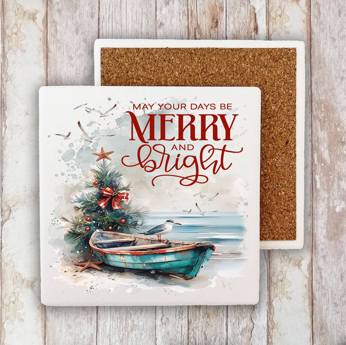 Coastal Christmas Beach Boat Stone Coaster
