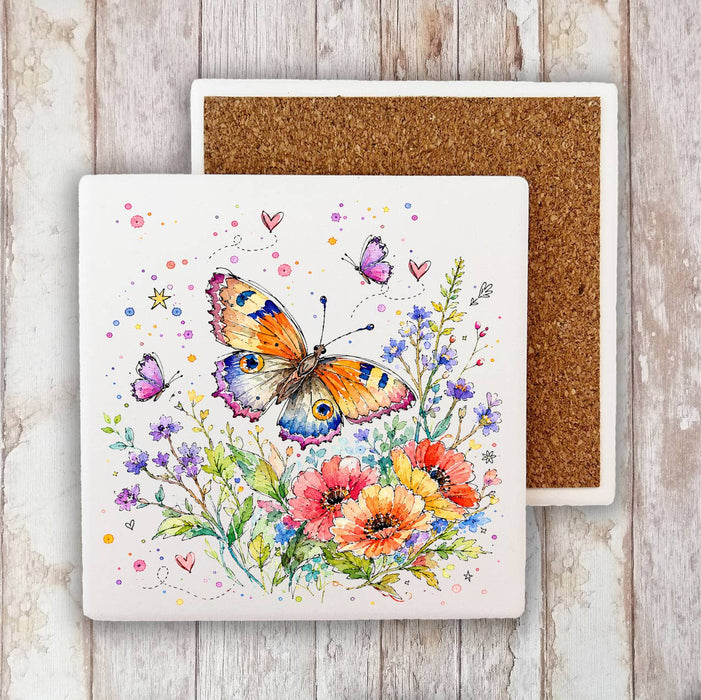 Whimsical Butterflies Flowers Stone Coaster