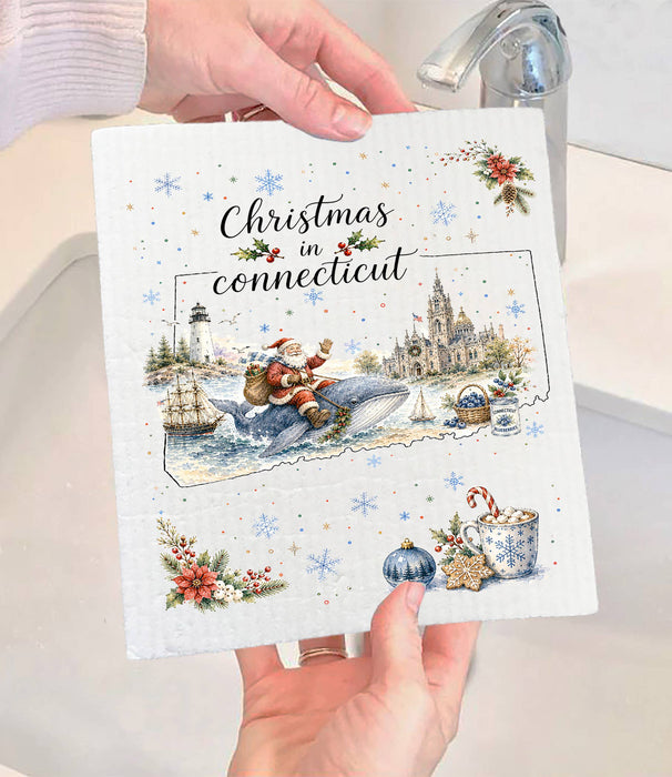 Christmas in Connecticut State Map Swedish Dishcloth