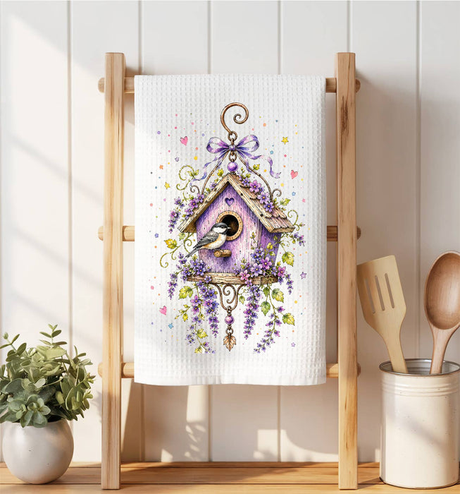 Lavender Whimsical Birdhouse Waffle Weave Towel