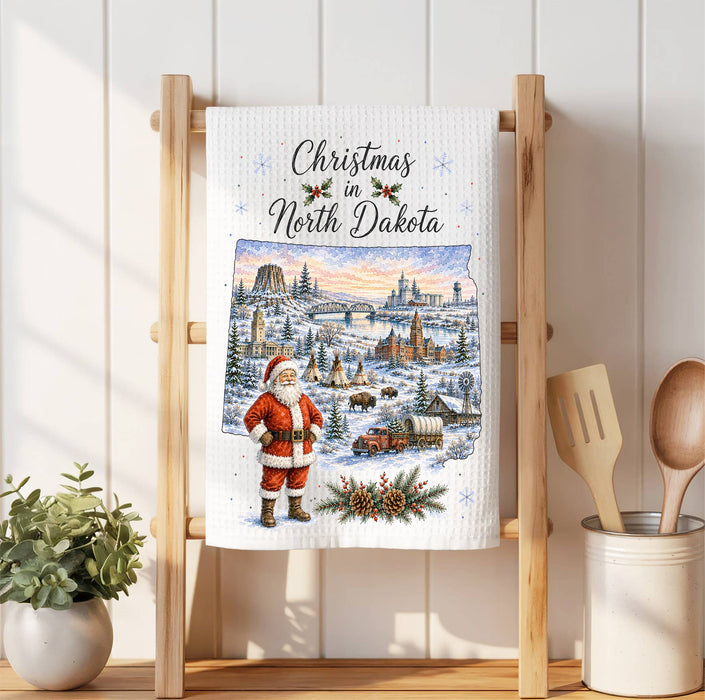 Christmas in North Dakota State Map Waffle Weave Towel