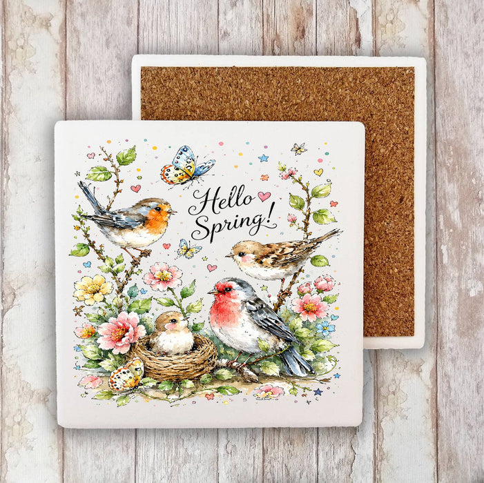 Hello Spring Flowers Birds Stone Coaster