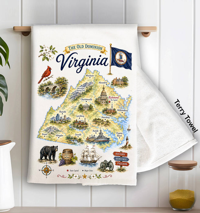 Virginia State Map Landmark Kitchen Terry Towel