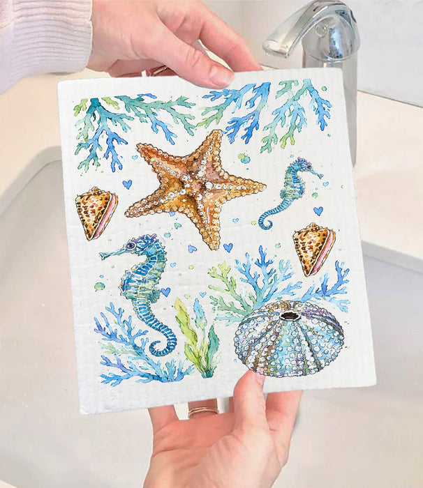 Coastal Blue Starfish Sea Horse Ocean Swedish Dishcloth