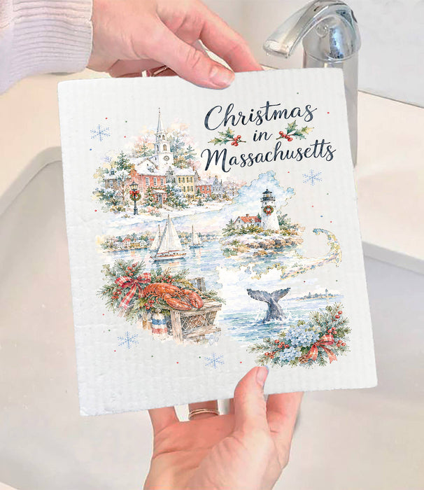 Christmas in Massachusetts State Map Swedish Dishcloth
