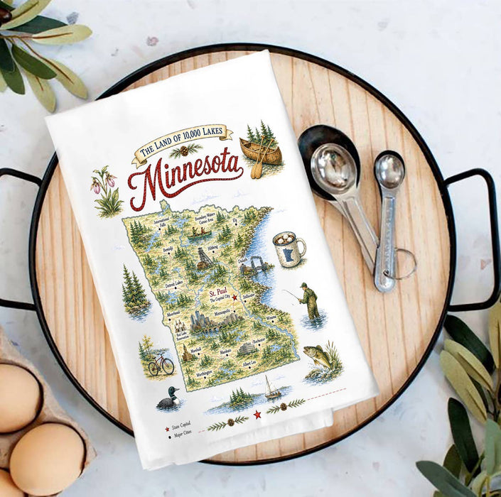 Minnesota State Map Landmark Tea Towel