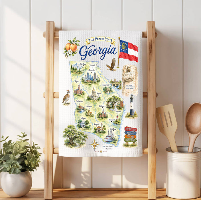 Georgia State Map Landmark Waffle Weave Towel