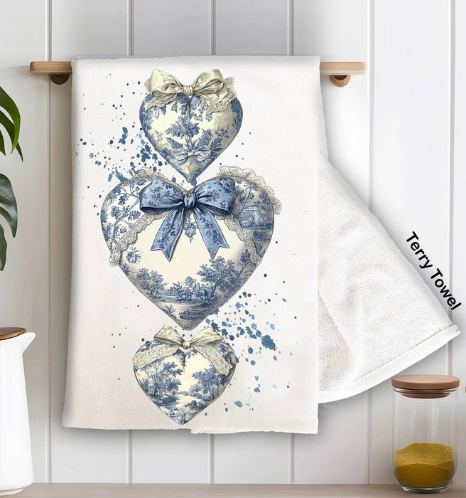 Chinoiserie Blue & White Hearts Valentine Terry Towel
