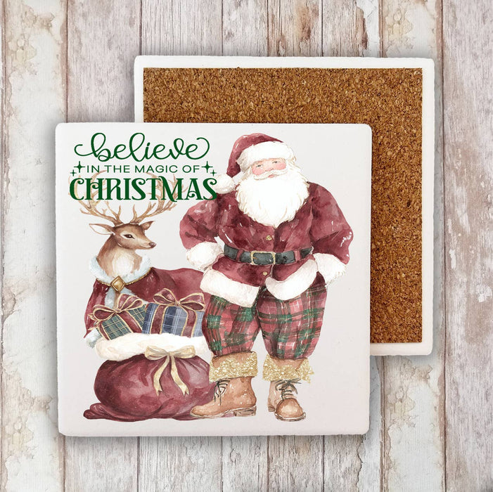 Christmas Santa Burgundy Velvet Stone Coaster