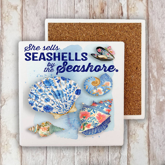 Seashells by the Seashore Floral Shells Stone Coaster