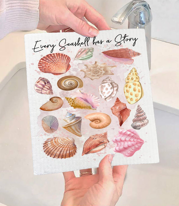 Seashells Has a Story Coastal Beach Swedish Dishcloth