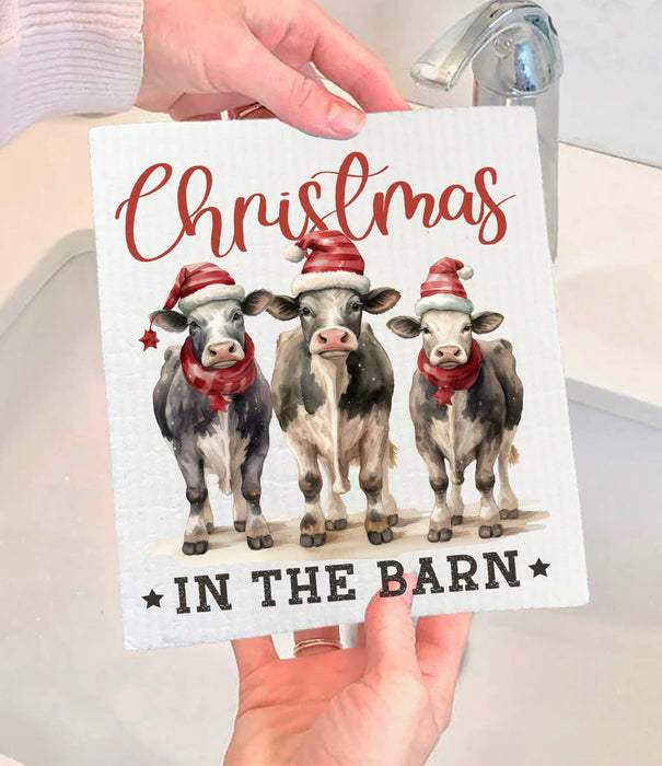 Christmas in the Barn Cows Swedish Dishcloth