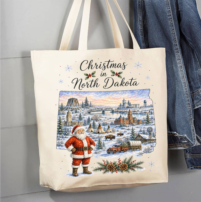 Christmas in North Dakota State Map Canvas Tote Bag