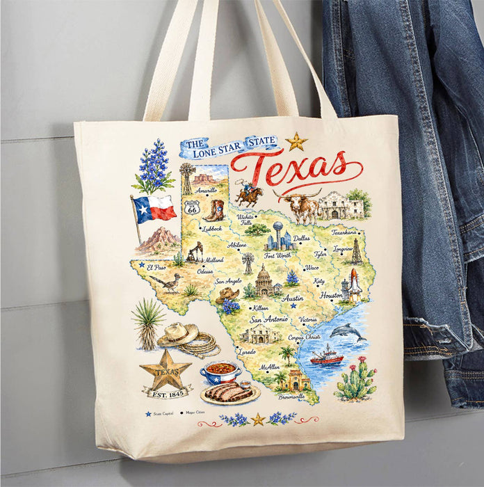 Texas State Map Landmark Canvas Tote Bag