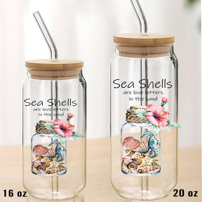 Sea Shells Lover Letter Can Glass with Lid Straw