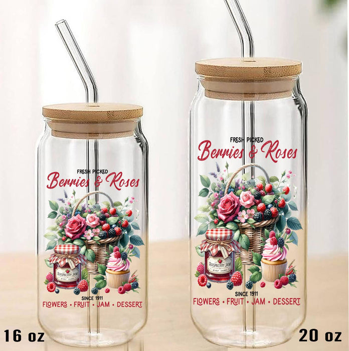 Farmhouse Berries and Roses Flowers Can Glass with Lid Straw
