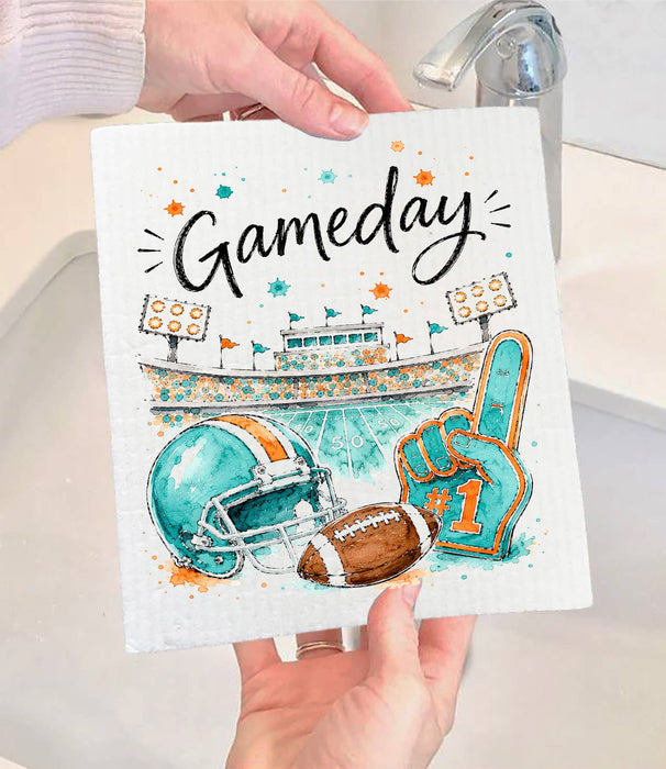 Gameday Football Aqua & Orange Swedish Dishcloth