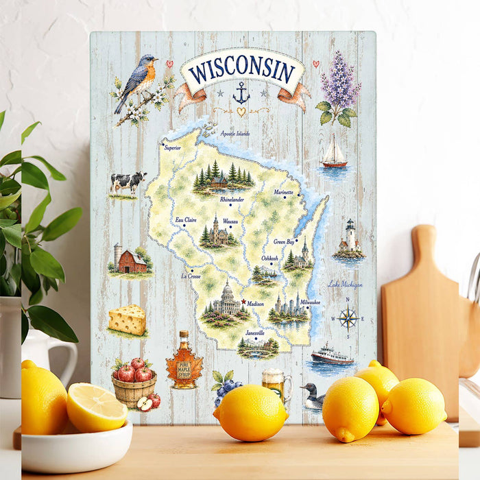 Wisconsin State Map Landmark Glass Cutting Board