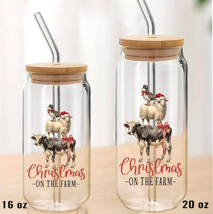 Christmas on the Farm Animals Can Glass with Lid Straw