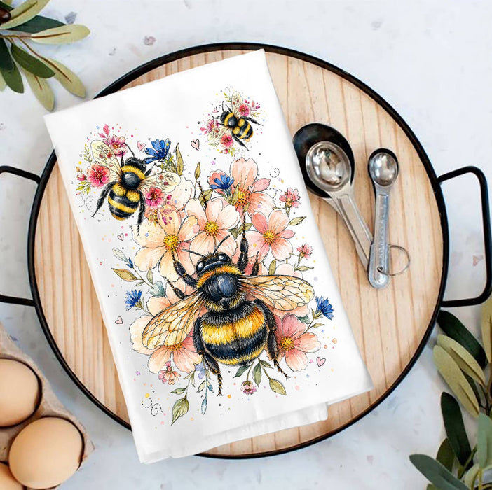 Watercolor Bees Flowers Tea Towel