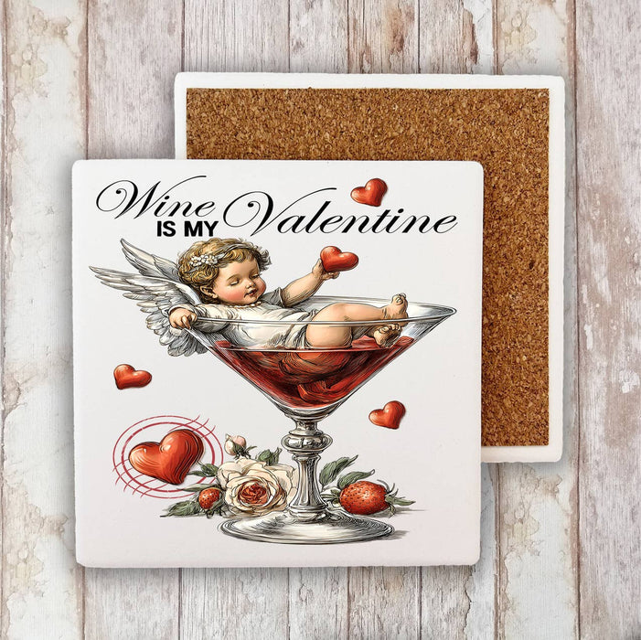 Wine is My Valentine Cupid Stone Coaster