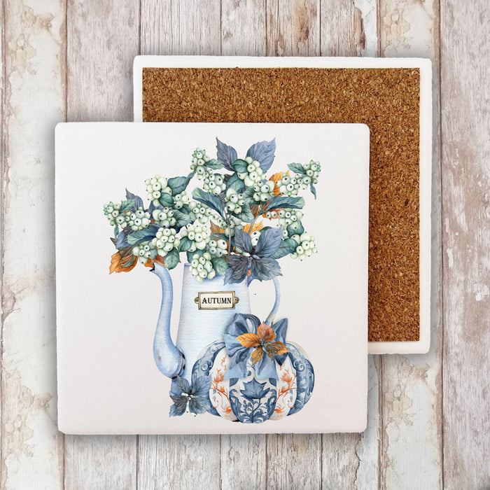 Autumn Blue White Pumpkins Flowers Stone Coaster
