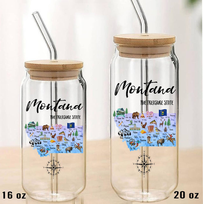 Montana State Map Can Glass with Lid and Straw