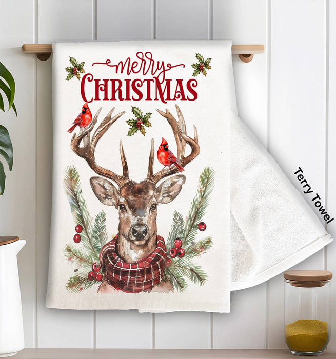 Christmas Reindeer Red Cardinals Kitchen Terry Towel
