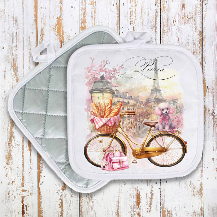 French Paris Bicycle Dog Baguettes Pot Holder Oven Mitt
