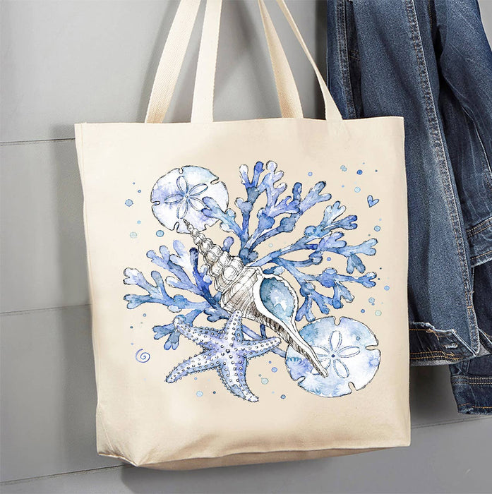 Coastal Blue Sand Dollar Sea Shells Canvas Tote Bag