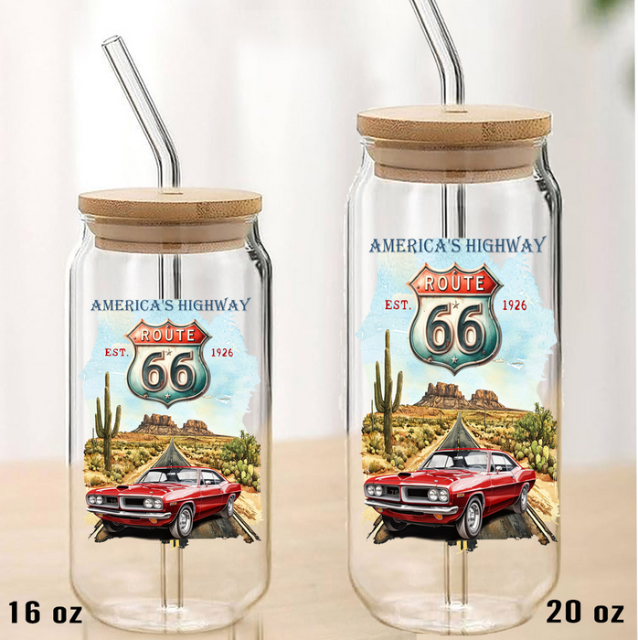 Route 66 America's Highway  Can Glass with Lid Straw