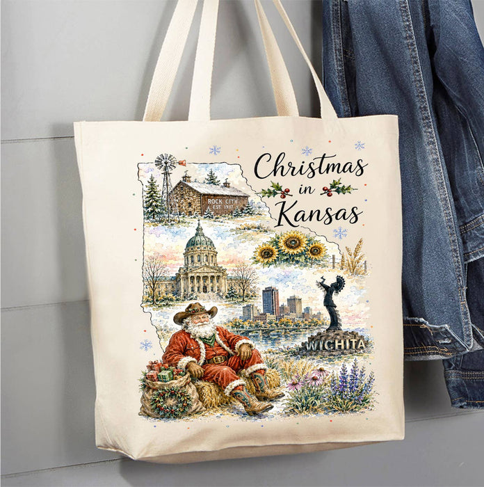 Christmas in Kansas State Map Canvas Tote Bag