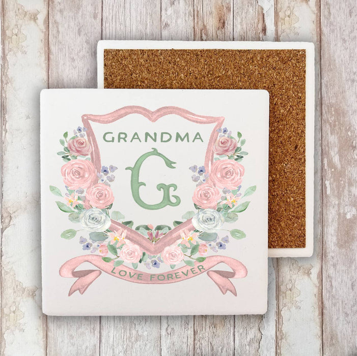 Mother's Day Grandma Floral Crest Stone Coaster