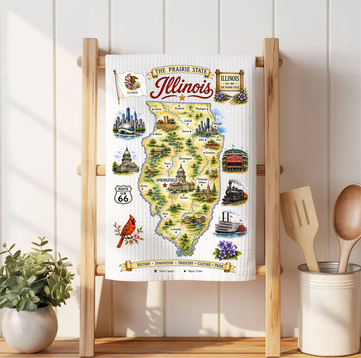 Illinois State Map Landmark Waffle Weave Towel