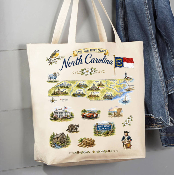 North Carolina State Map Landmark Canvas Tote Bag