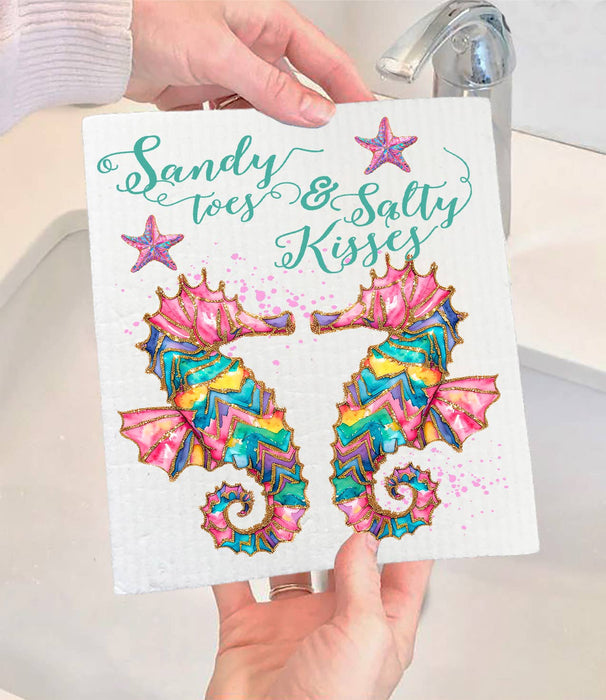Seahorses Sandy Toes Salty Kisses Swedish Dishcloth