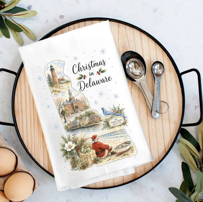 Christmas in Delaware State Map Tea Towel