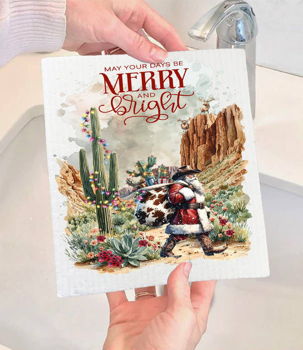 Christmas Cowboy Santa Cactus Desert Swedish Dishcloth