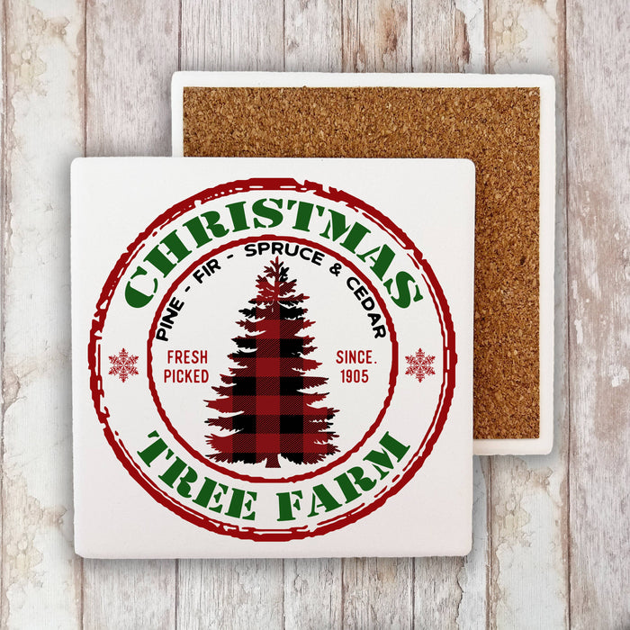 Christmas Tree Farm Red Buffalo Plaid Stone Coaster