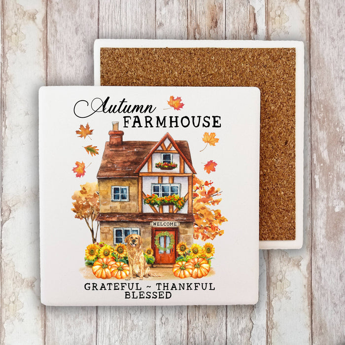 Autumn Fall Farmhouse Grateful Blessed Stone Coaster