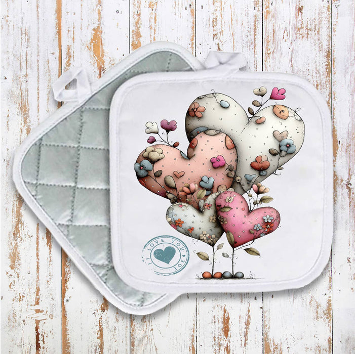 Valentine Whimsical Hearts Farmhouse Pot Holder Oven Mitt