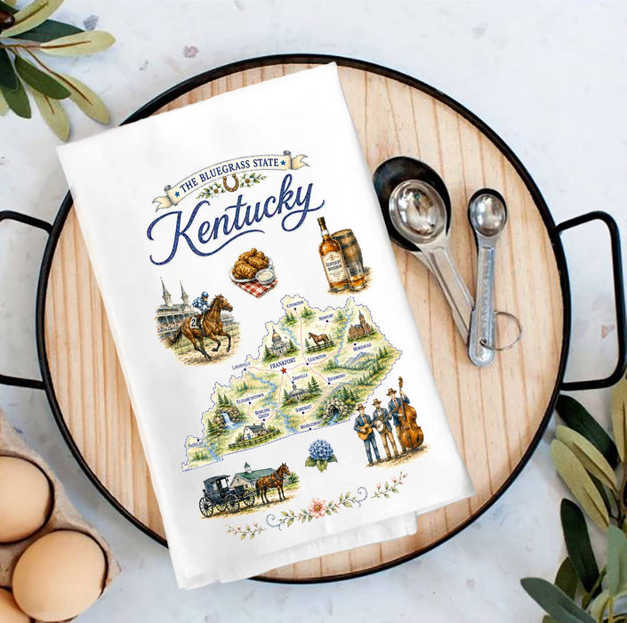 Kentucky State Map Landmark Tea Towel