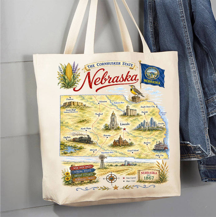 Nebraska State Map Landmark Canvas Tote Bag
